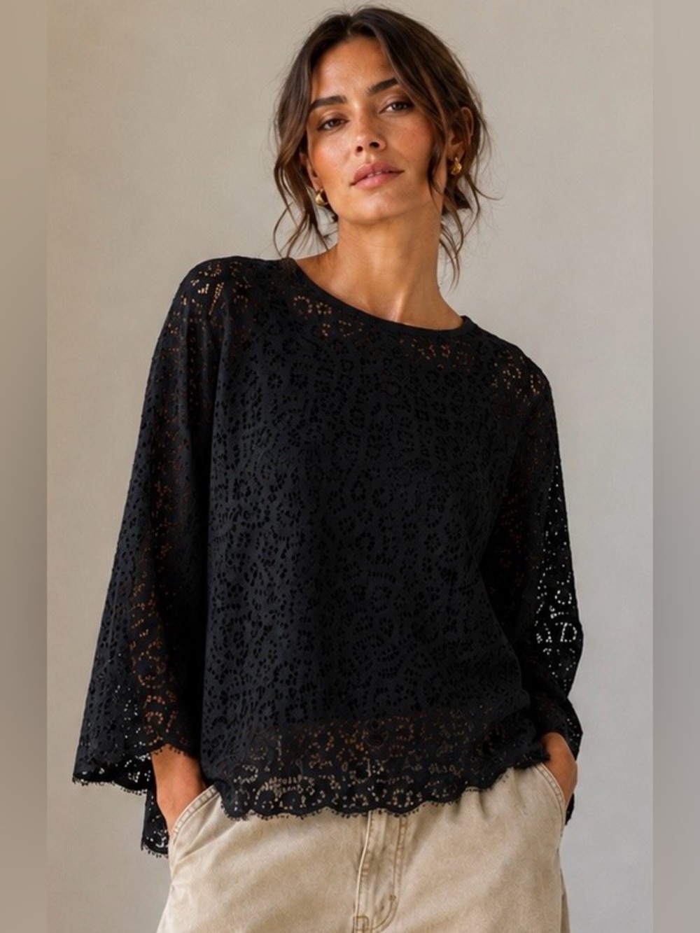 J. Crew Lace Overlay Tunic Top in Black